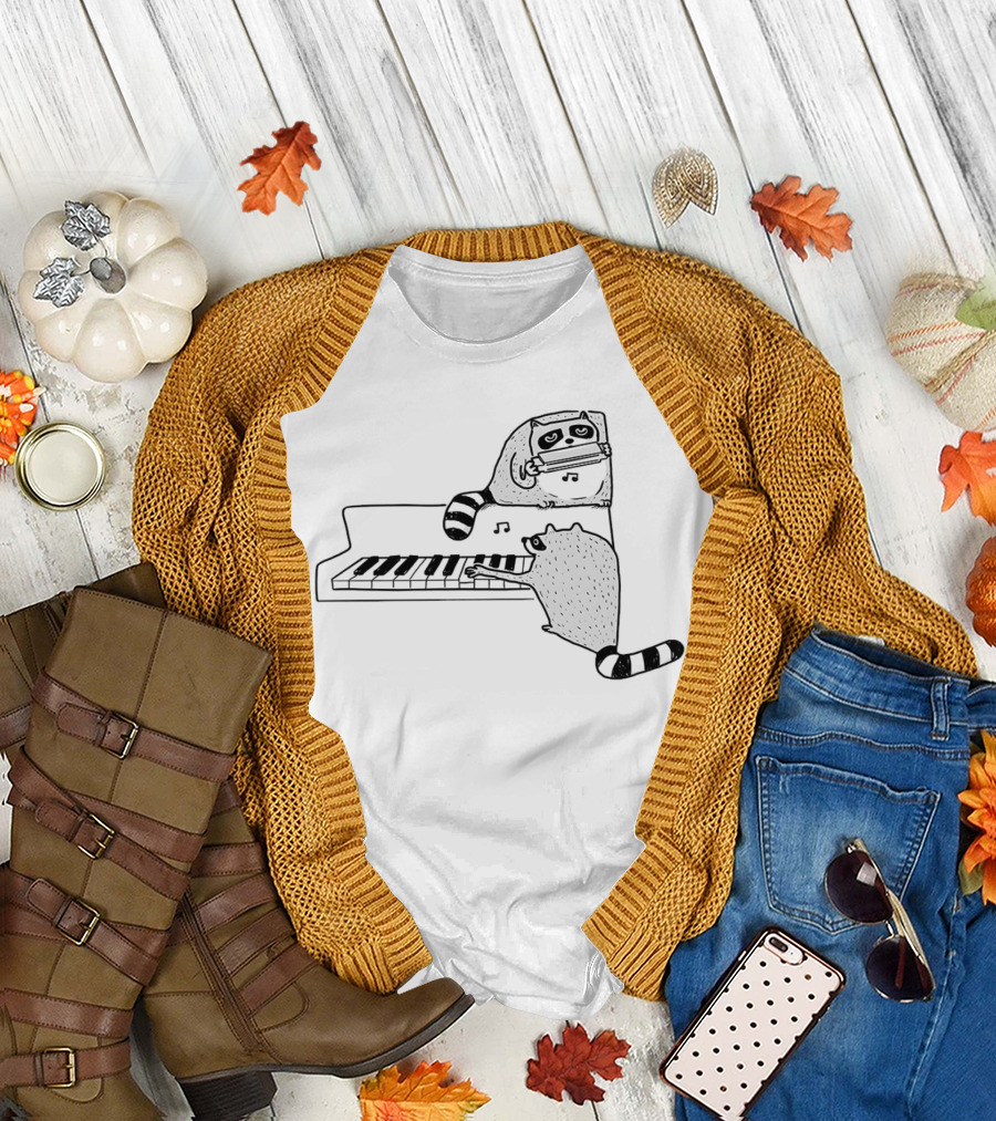 Racoon Playing Piano Nocturnal Musicians With Harmonica Duo T-Shirt