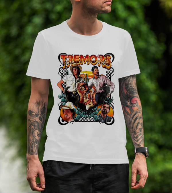 Tremors Movie Characters Graphic Poster With Monsters And Cowboy Hats T-Shirt