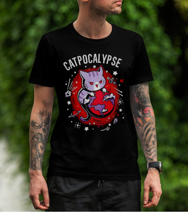 Catpocalypse Cat Battling Earth Amidst Cosmic Chaos T-Shirt