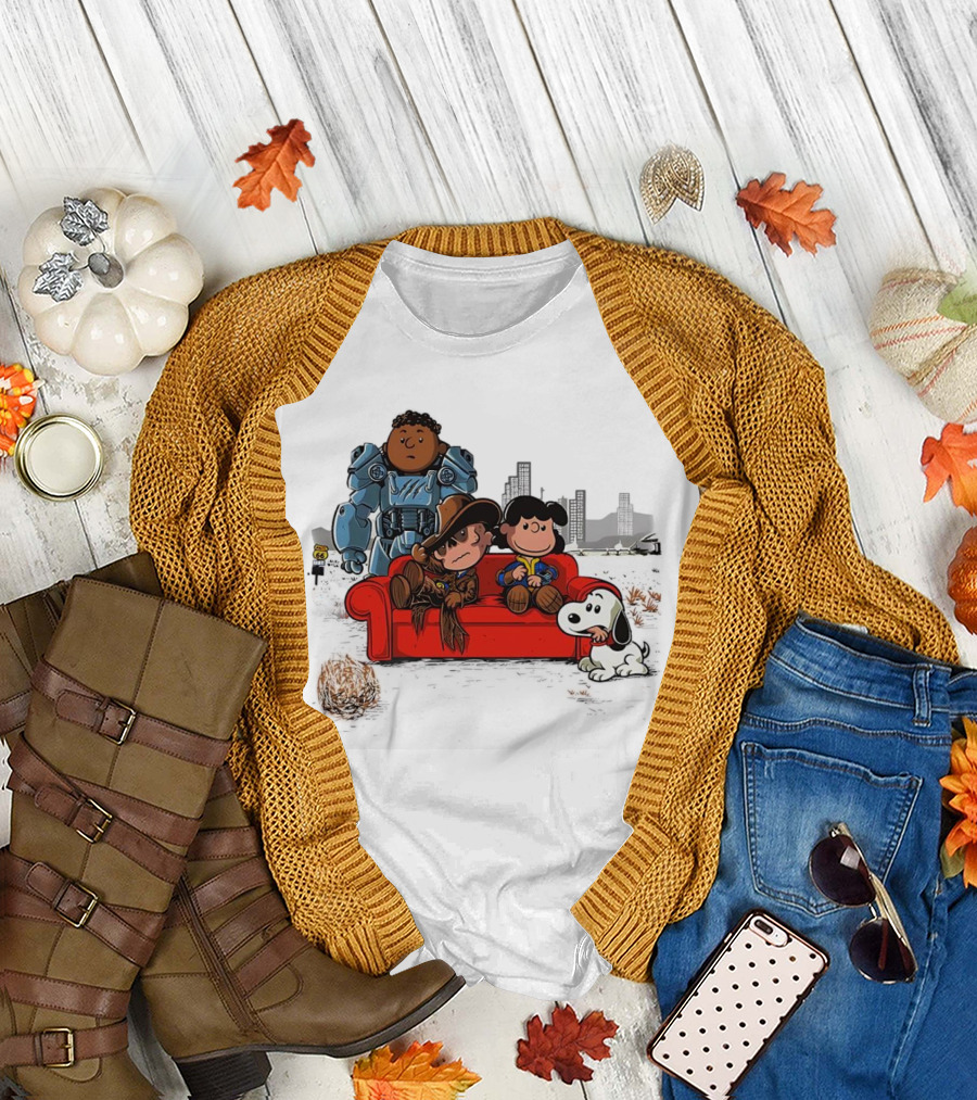 Peanuts Characters on Red Couch with Fallout Power Armor in Apocalypse Scene T-Shirt