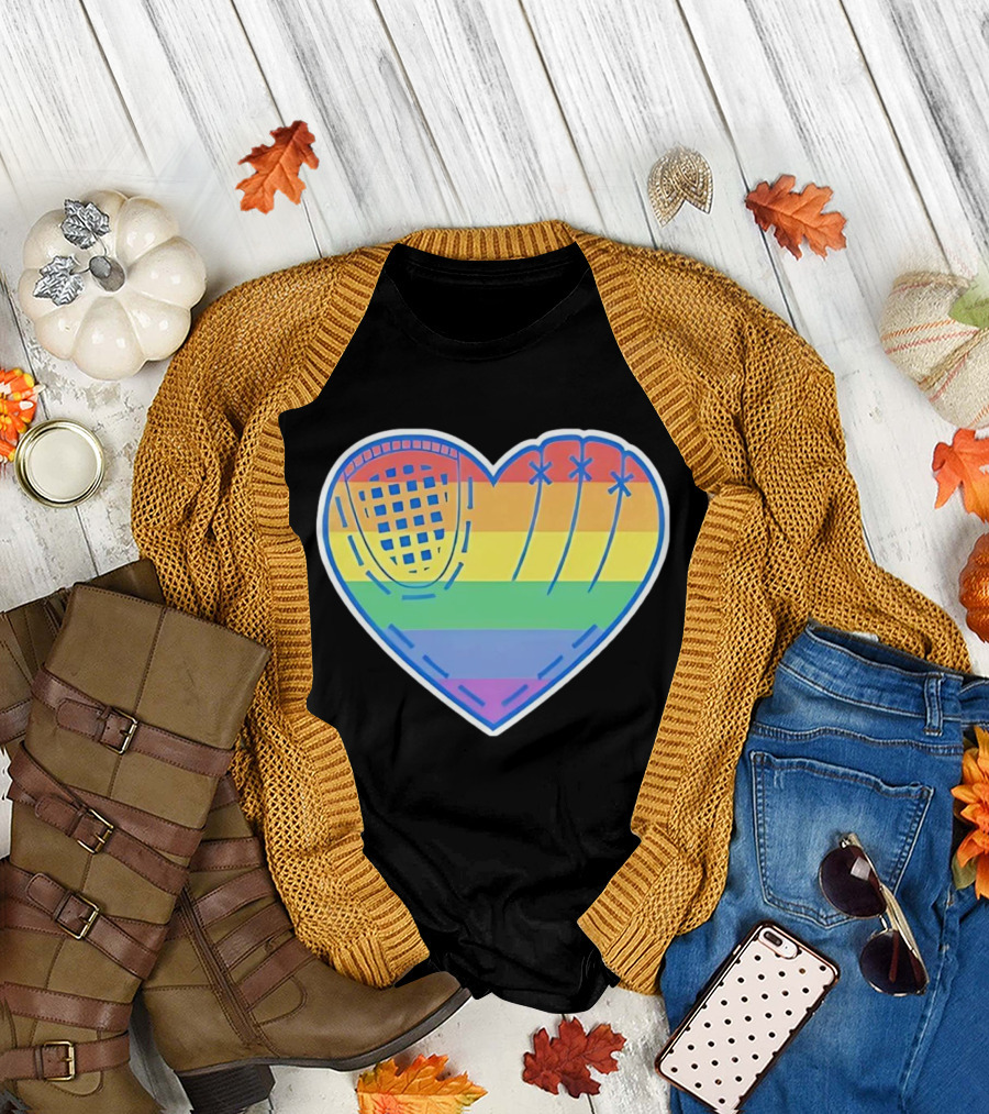 Pride Rainbow Striped Baseball Glove Heart T-Shirt