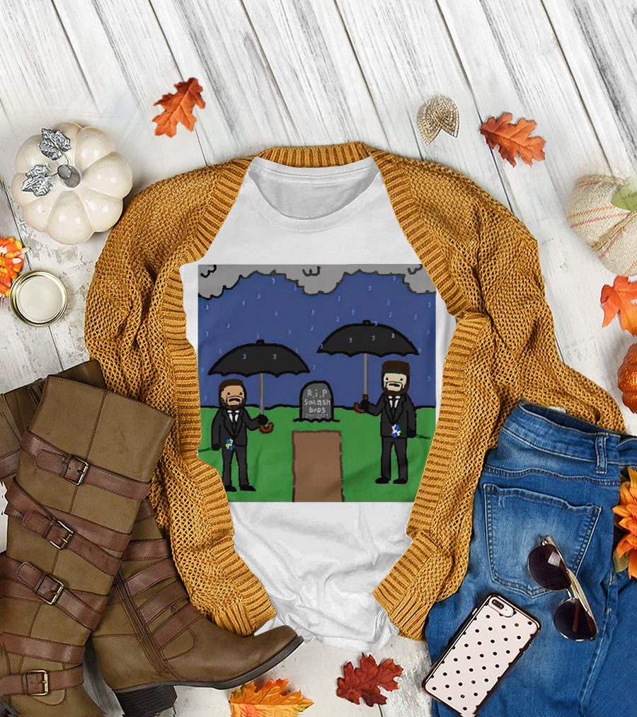RIP SplashBros Cartoon Memorial with Suited Figures Holding Black Umbrellas T-Shirt