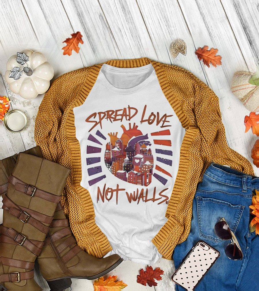 Spread Love Not Walls Cityscape Heart Crown Sunset T-Shirt