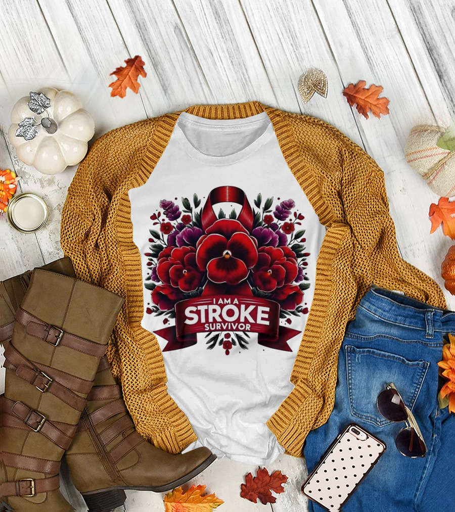 I Am a Stroke Survivor Red Ribbon and Floral Bouquet T-Shirt