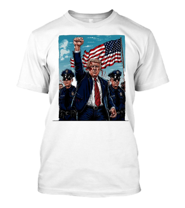 Trump Head Shot Fight Never Surrender Fist Raised With Police And American Flag T-Shirt