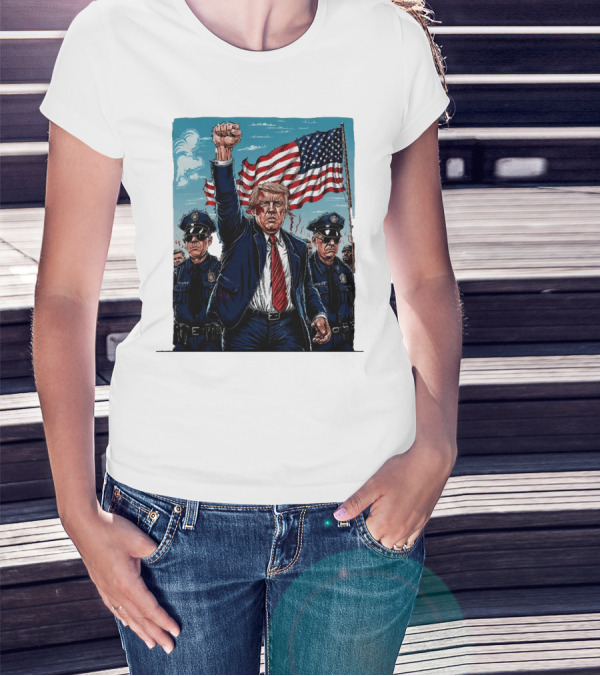 Trump Head Shot Fight Never Surrender Fist Raised With Police And American Flag T-Shirt