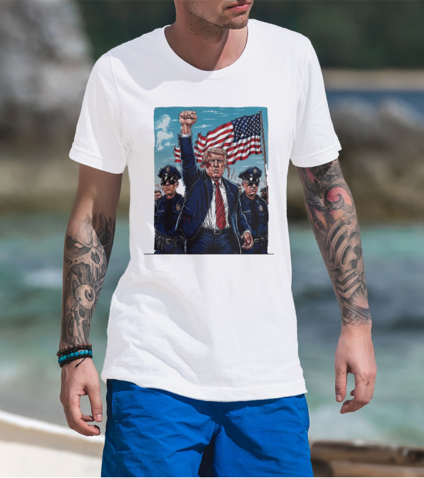 Trump Head Shot Fight Never Surrender Fist Raised With Police And American Flag T-Shirt