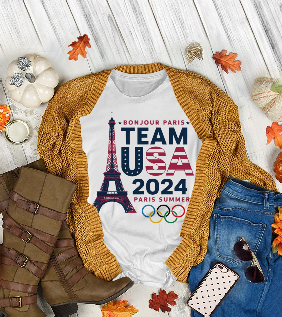 Bonjour Paris Team USA 2024 Paris Summer Olympics Eiffel Tower Rings T-Shirt