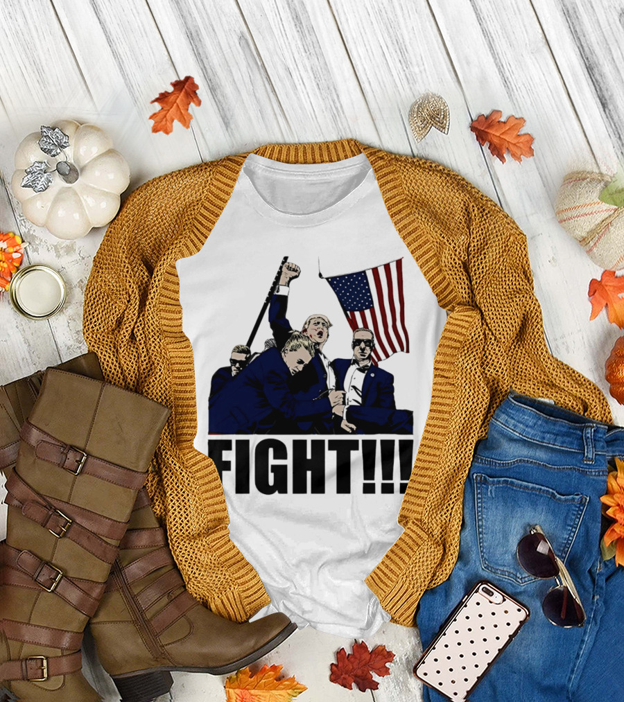 FIGHT Strong Hand USA Cartoon Trump with American Flag T-Shirt