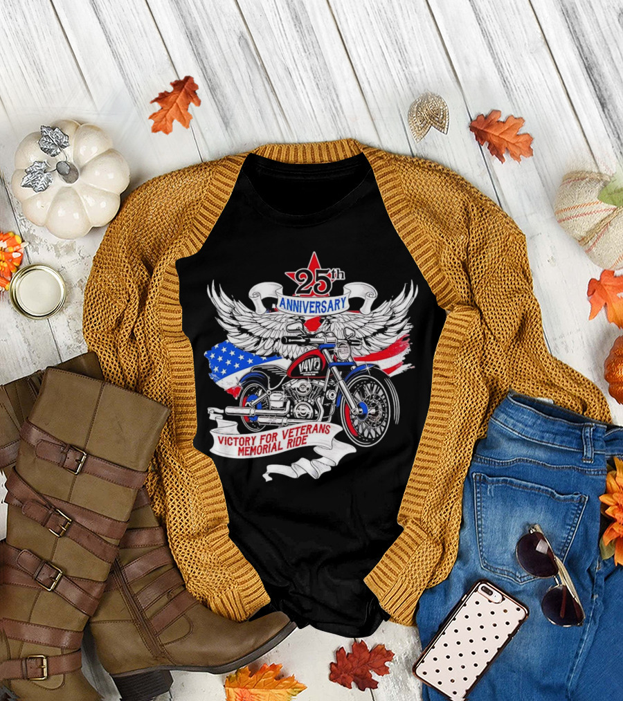 25th Anniversary Victory for Veterans Memorial Ride Motorcycle with Wings and Flag T-Shirt