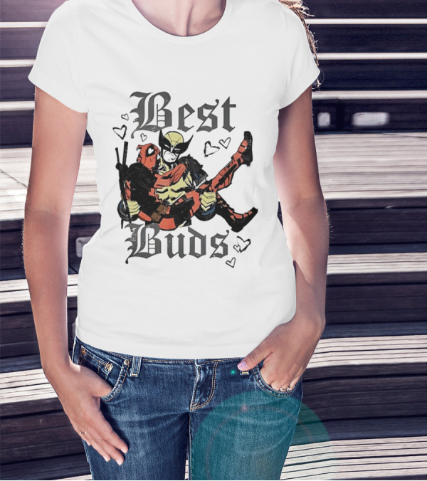 Best Buds Wolverine Carrying Deadpool With Hearts T-Shirt