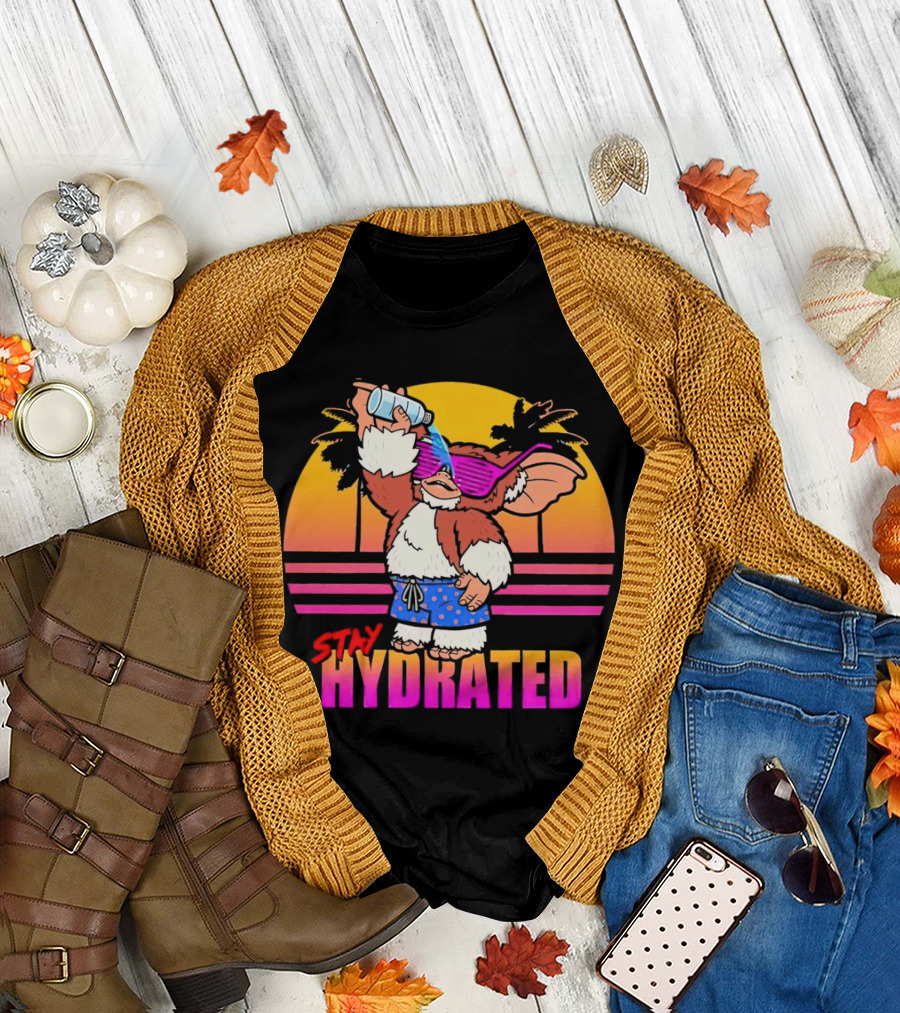 Stay Hydrated Gizmo Summer Beach Vibes with Sunset and Palm Trees T-Shirt