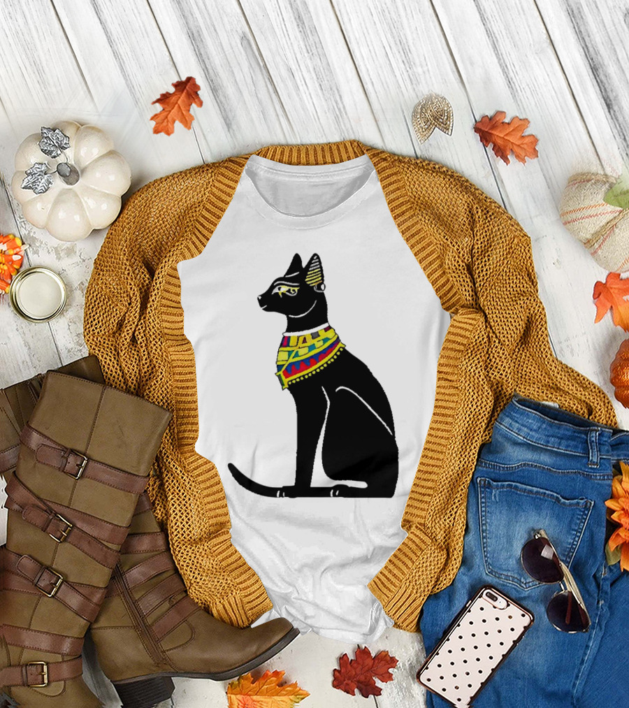 Egyptian Cat Black with Colorful Scarf T-Shirt
