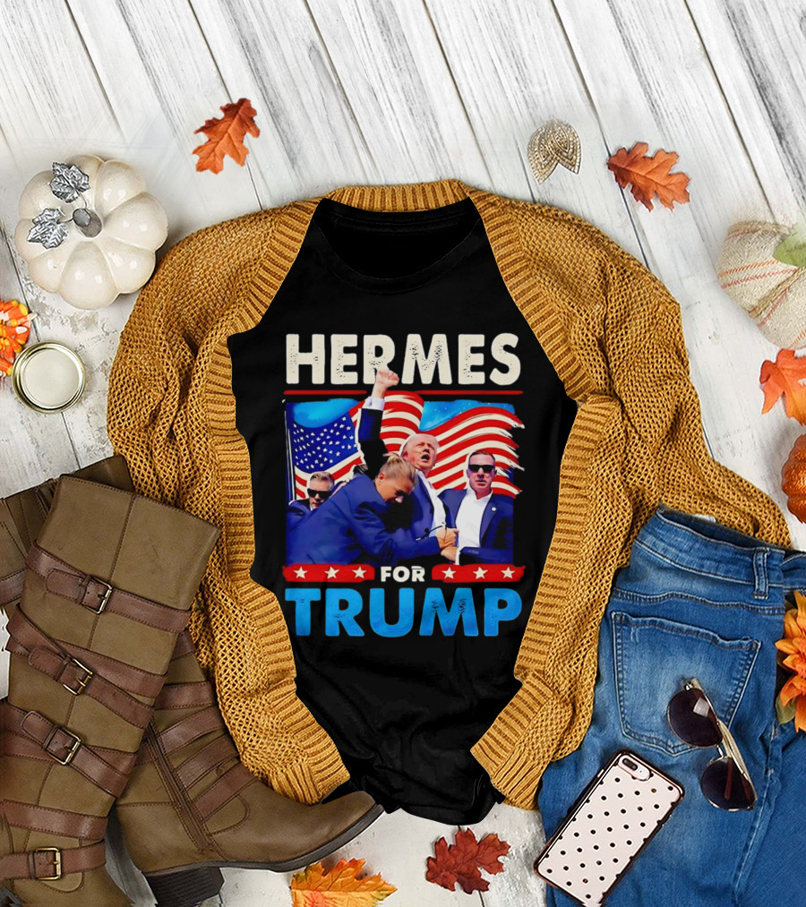HERMES FOR TRUMP USA Patriotic Imagery with American Flags T-Shirt