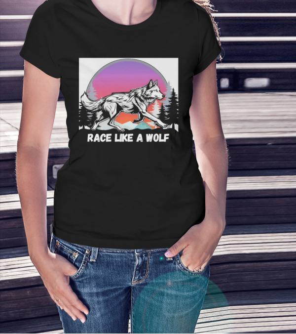 Race Like A Wolf Running Through Forest Silhouette At Sunset T-Shirt