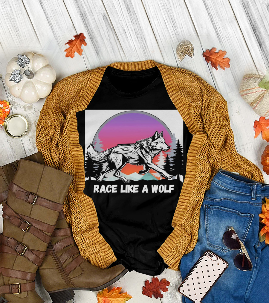 Race Like a Wolf Running Through Forest Silhouette at Sunset T-Shirt