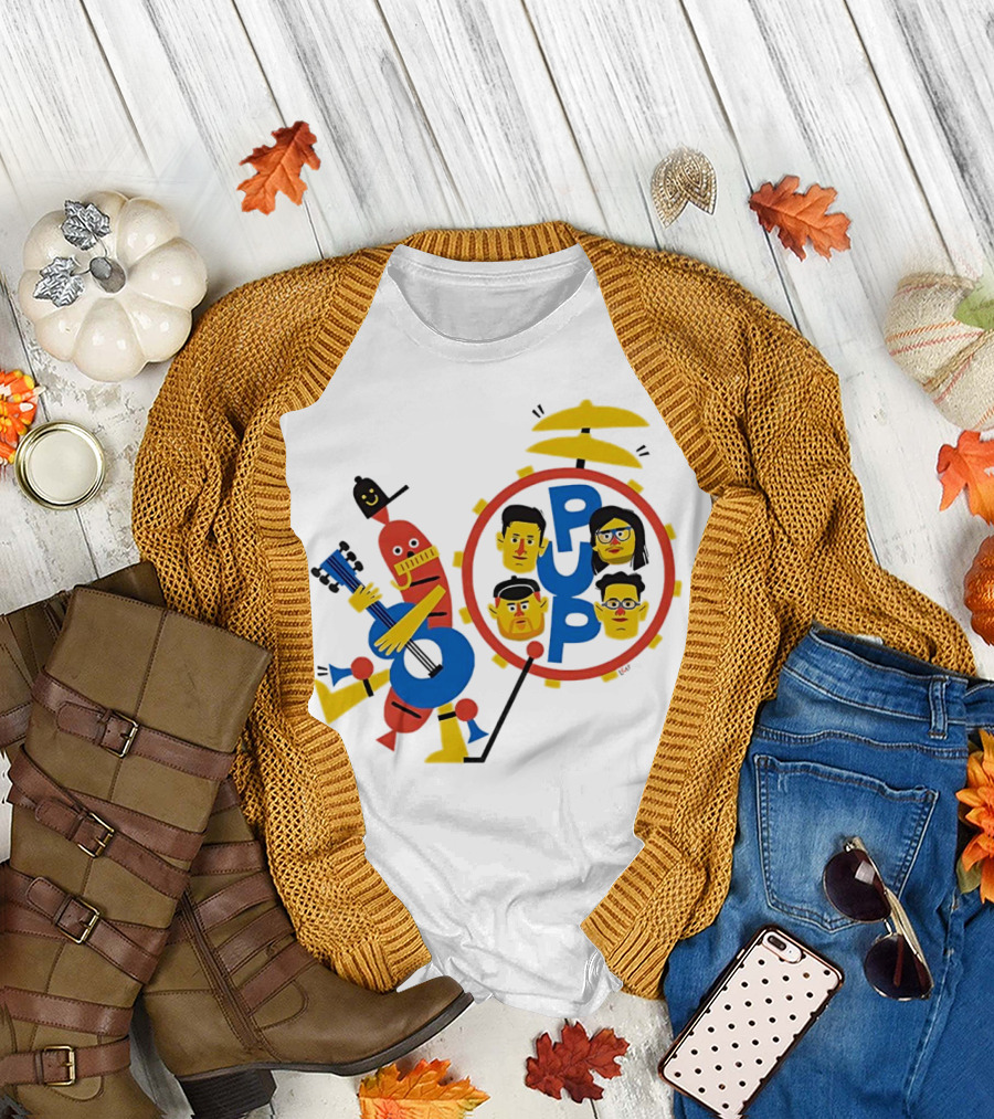Band of Wiener Pup Drum Faces and Guitar Character T-Shirt