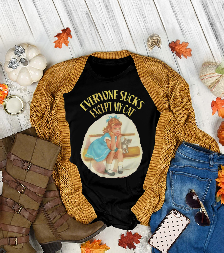 Everyone Sucks Except My Cat Vintage Girl with Kitten T-Shirt