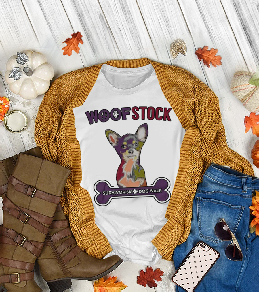 Woof Stock Peace Sign Survivor 5K Dog Walk Colorful Chihuahua Bone T-Shirt