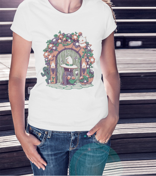 A Gardening Mage And Friends Enchanted Floral Doorway Fantasy Garden Scene T-Shirt