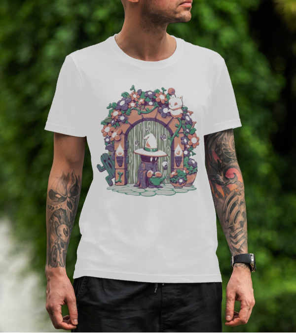 A Gardening Mage And Friends Enchanted Floral Doorway Fantasy Garden Scene T-Shirt