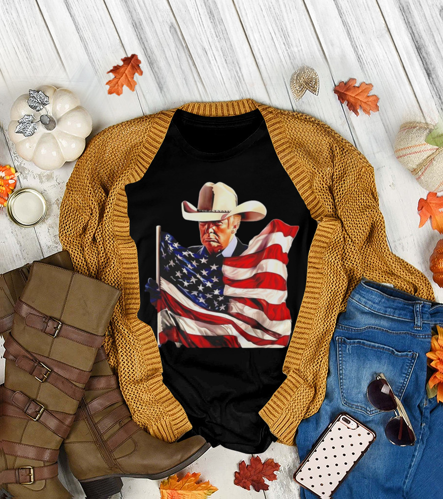 Donald Trump Cowboy Hat Holding American Flag 2024 Patriotic MAGA T-Shirt