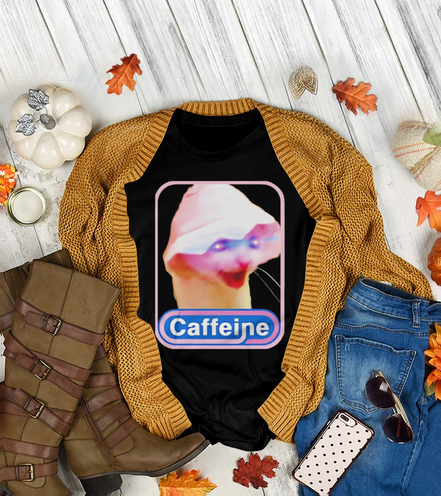 K45ink Caffeine Meme Cat with Glowing Eyes T-Shirt