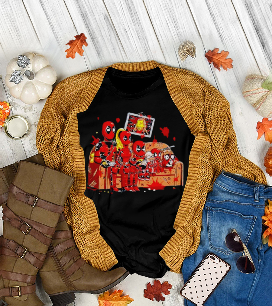 Deadpool Characters Sitting on Simpsons Couch with TV Screen T-Shirt