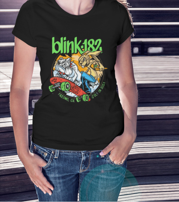 Blink-182 Fresno, CA July 08 2024 Skateboarding Bulldog And Rabbit T-Shirt
