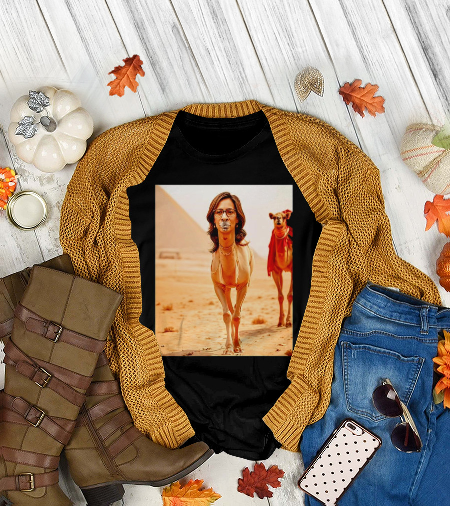 Camel X Kamala Harris Face Meme Pyramids Desert Scene T-Shirt