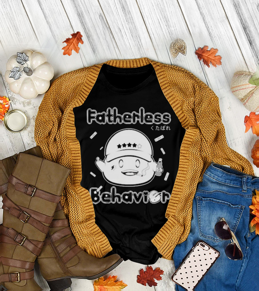 Fatherless Behavior Cute Character Holding Drink with Japanese Text くたばれ T-Shirt