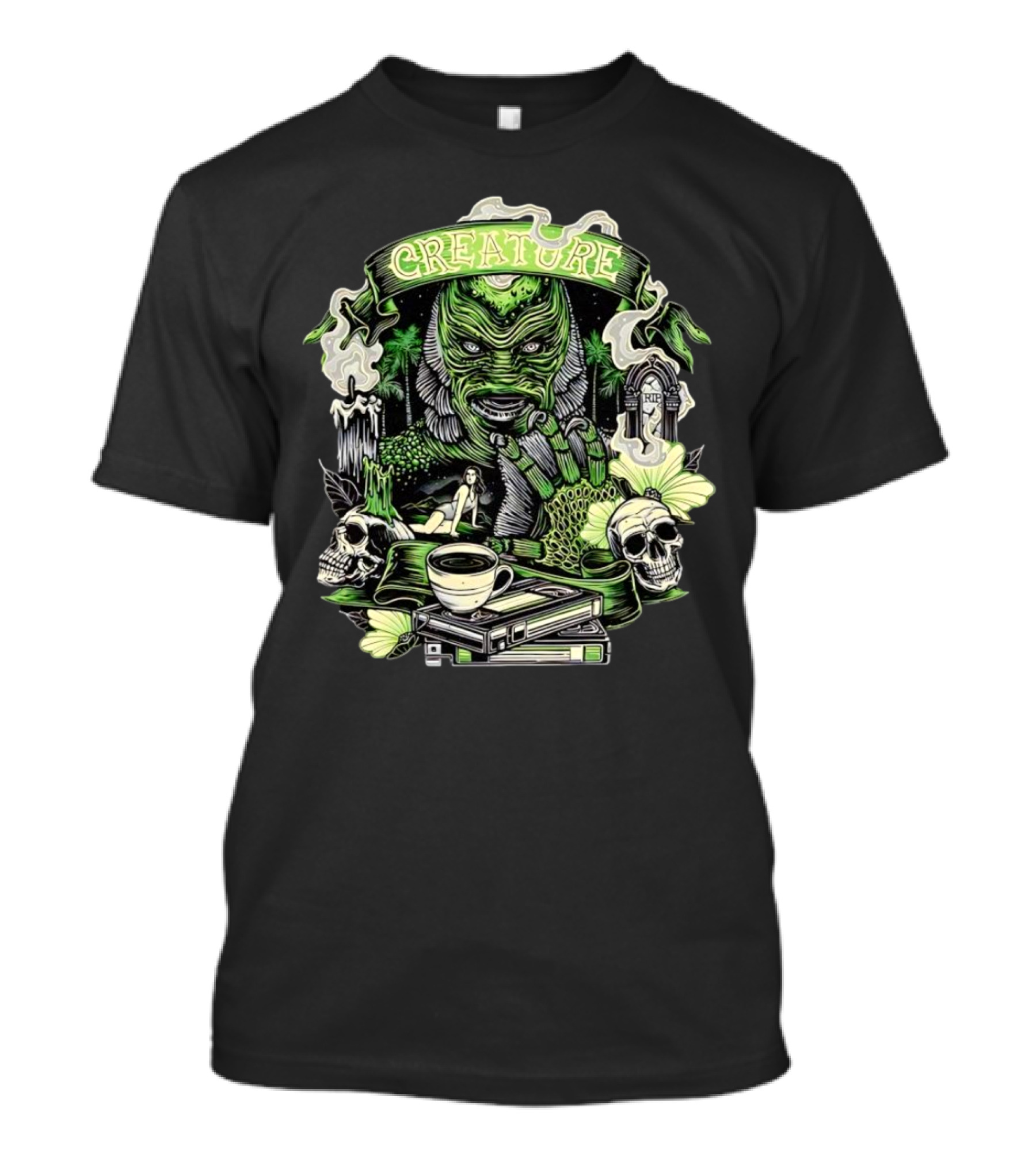 Creature From The Black Lagoon Gill-man Illustrated With Skulls, Books, And Coffee Cup T-Shirt