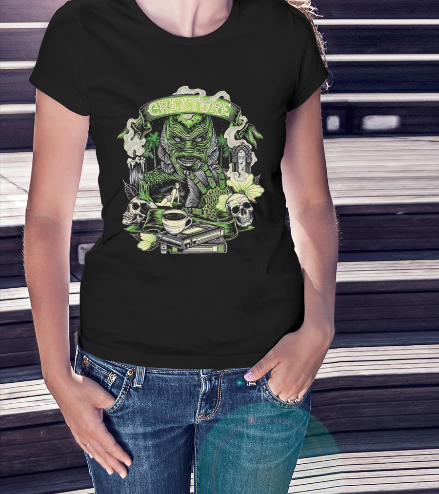 Creature From The Black Lagoon Gill-man Illustrated With Skulls, Books, And Coffee Cup T-Shirt