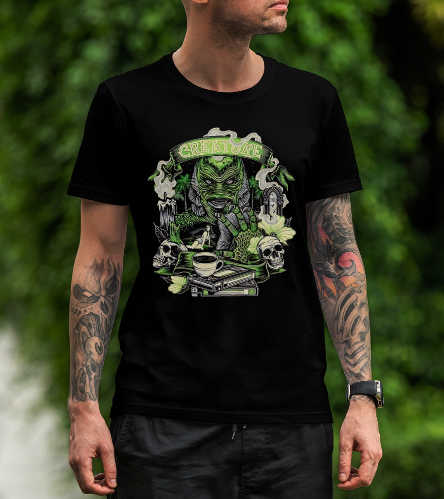 Creature From The Black Lagoon Gill-man Illustrated With Skulls, Books, And Coffee Cup T-Shirt
