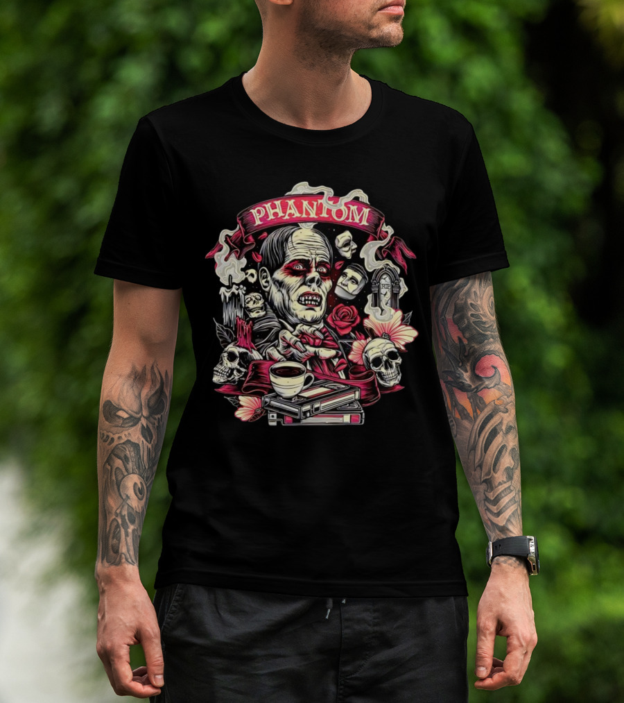 Phantom Of The Opera The Many Faces Of The Phantom With Skulls, Roses, And Coffee Cup T-Shirt