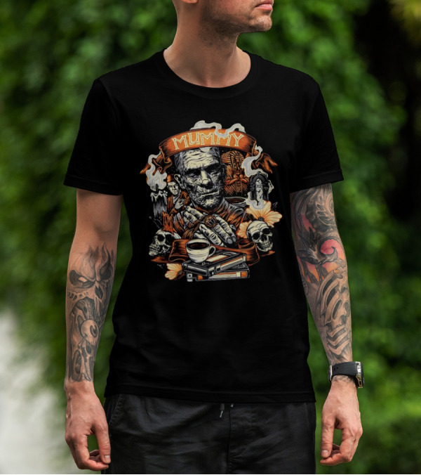 Mummy Vintage Horror Scene With Skulls And Coffee T-Shirt