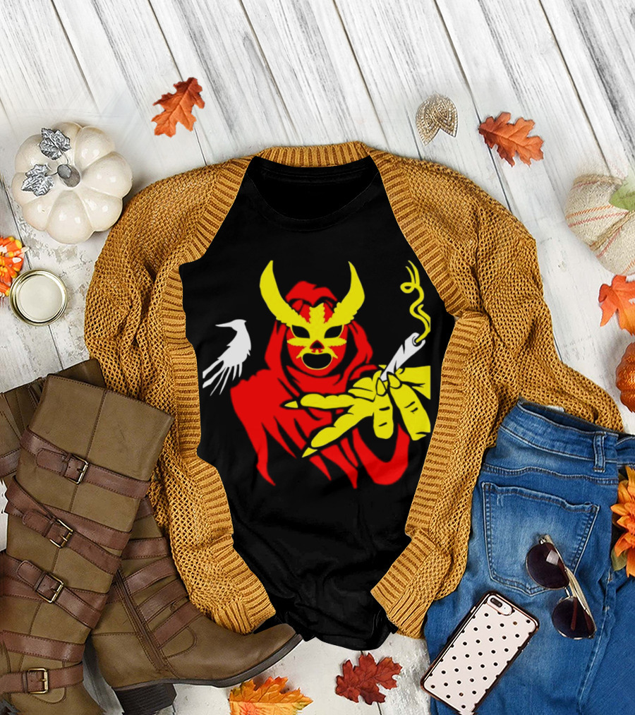 High Side of the Ropes Wraithador Masked Figure Smoking with Raven T-Shirt