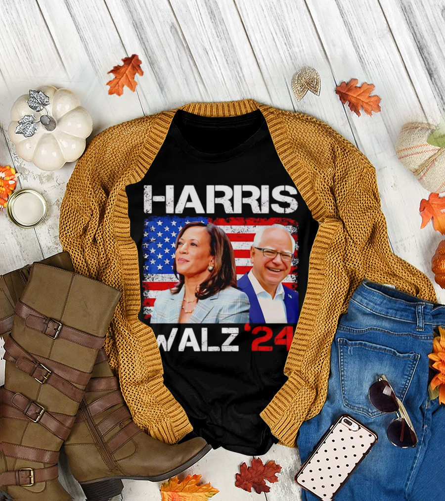 Harris Walz 2024 President Election Kamala Harris Tim Walz American Flag T-Shirt