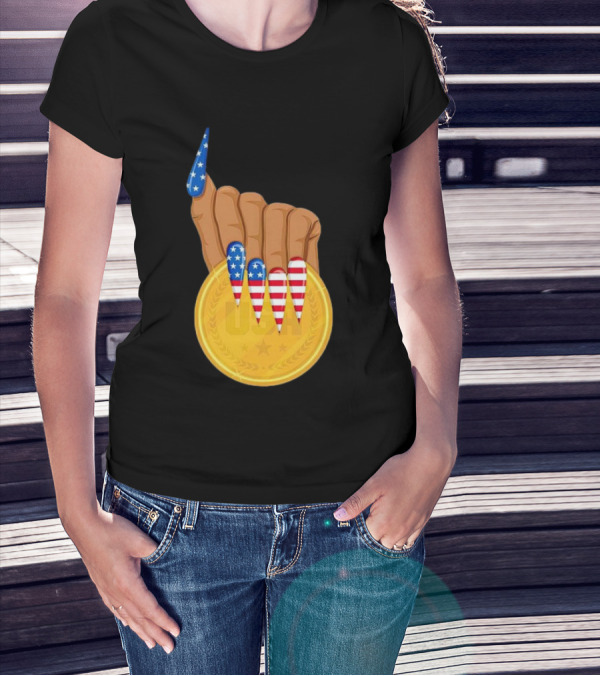 USA Gold Medal Hand With American Flag Nails T-Shirt