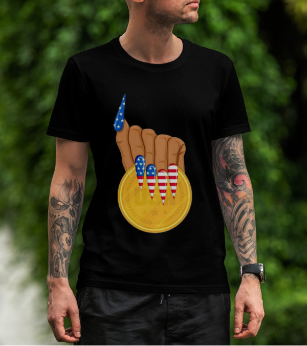 USA Gold Medal Hand With American Flag Nails T-Shirt