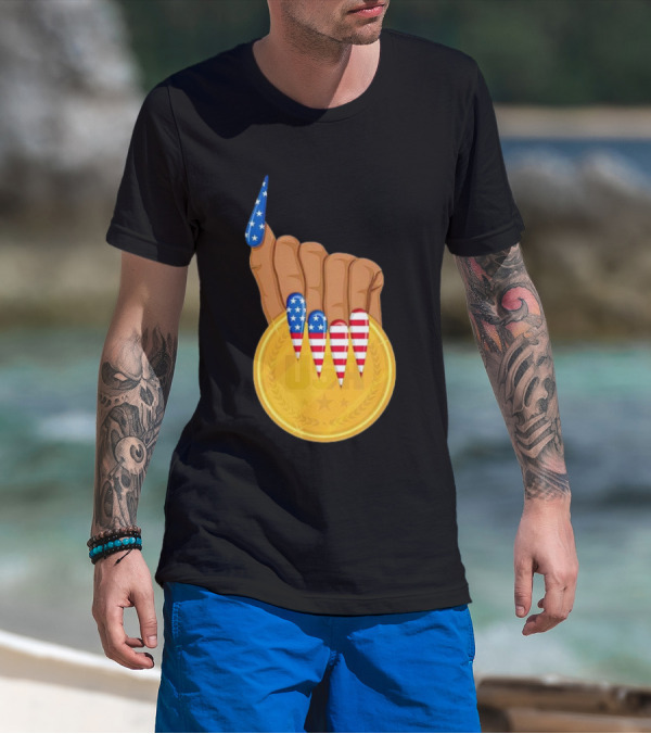 USA Gold Medal Hand With American Flag Nails T-Shirt