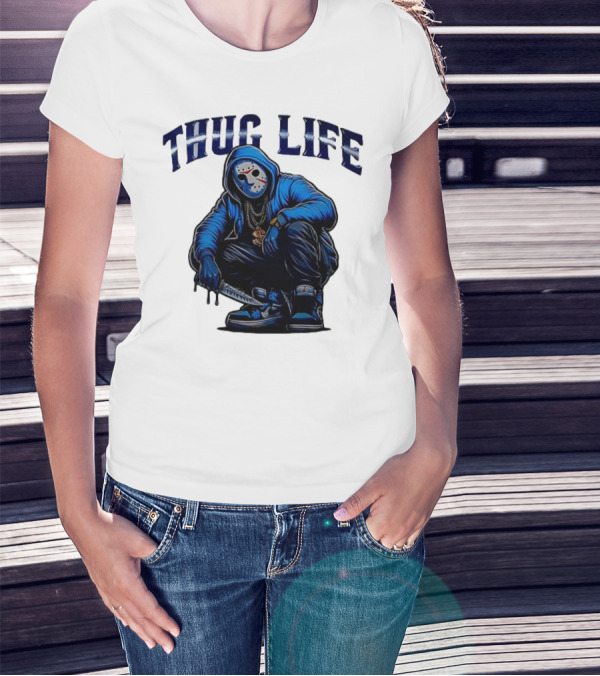 Thug Life Masked Man Sitting With Knife In Blue Hoodie And Sneakers T-Shirt
