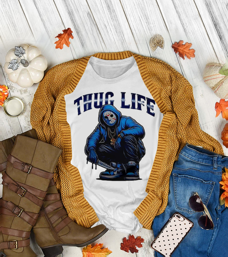 Thug Life Masked Man Sitting with Knife in Blue Hoodie and Sneakers T-Shirt