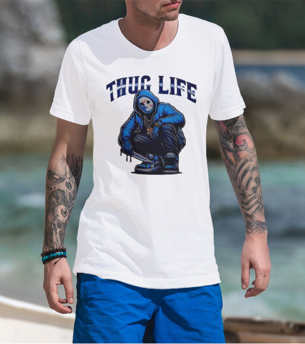 Thug Life Masked Man Sitting With Knife In Blue Hoodie And Sneakers T-Shirt