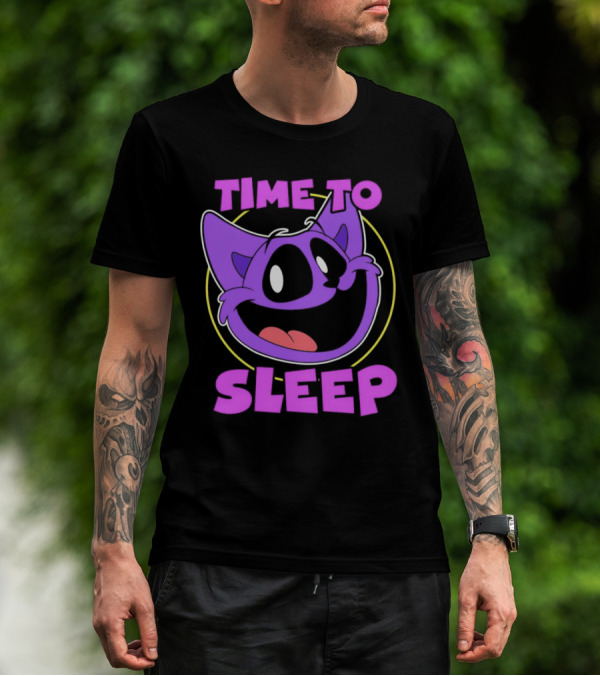 Time To Sleep Purple Cat Cartoon Face T-Shirt