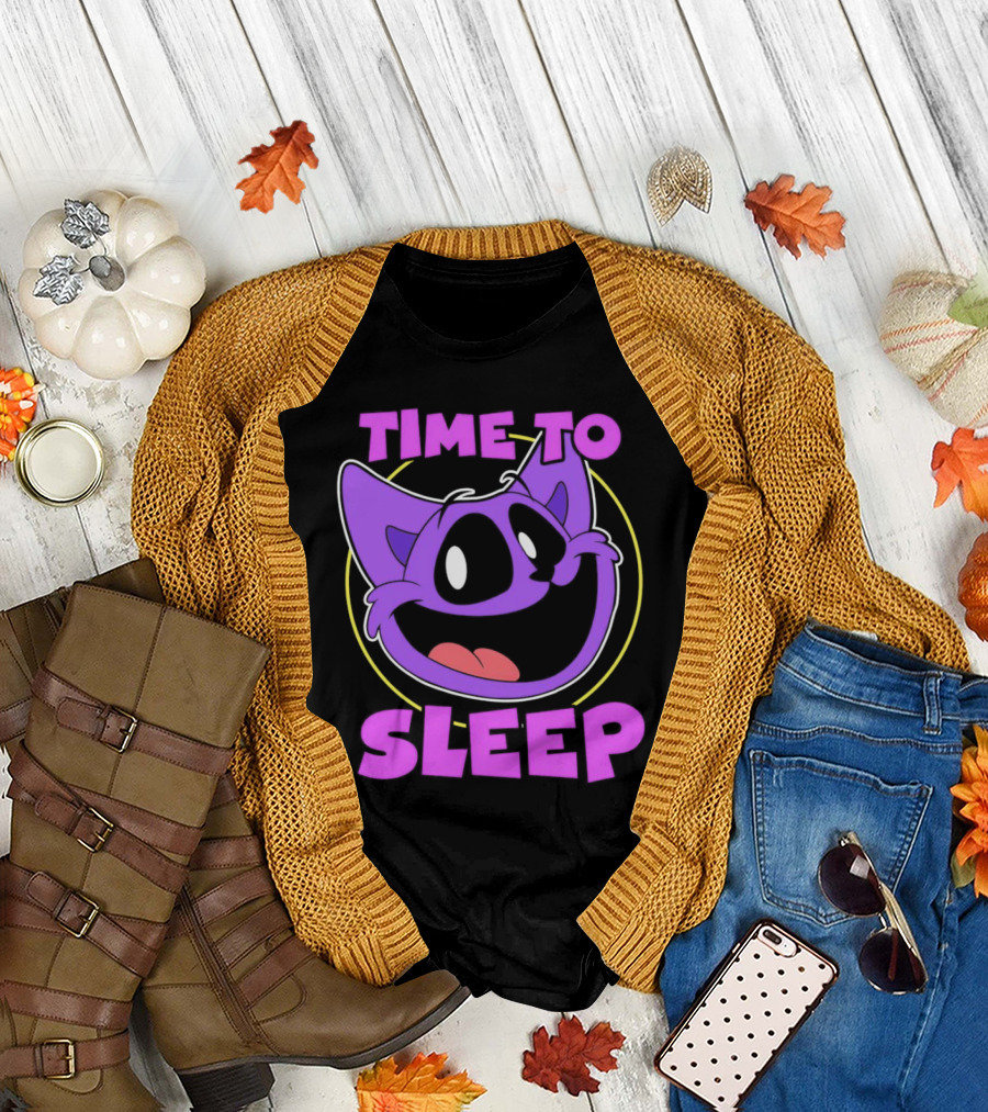 Time to Sleep Purple Cat Cartoon Face T-Shirt