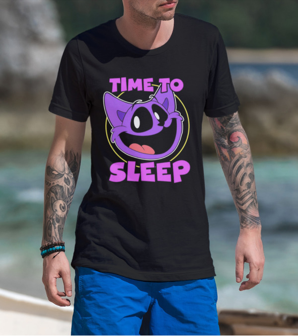 Time To Sleep Purple Cat Cartoon Face T-Shirt