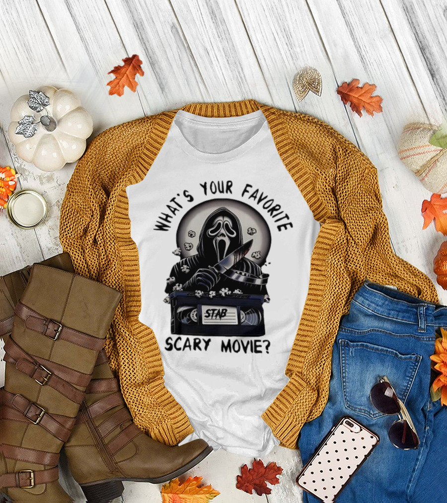 What's Your Favorite Scary Movie Ghostface Stab VHS Popcorn T-Shirt