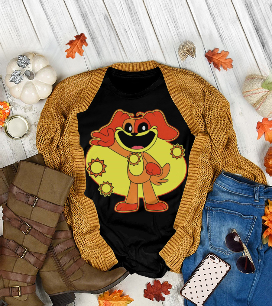 Dogday Smiling Critters Cheerful Cartoon Dog with Sun Icons T-Shirt