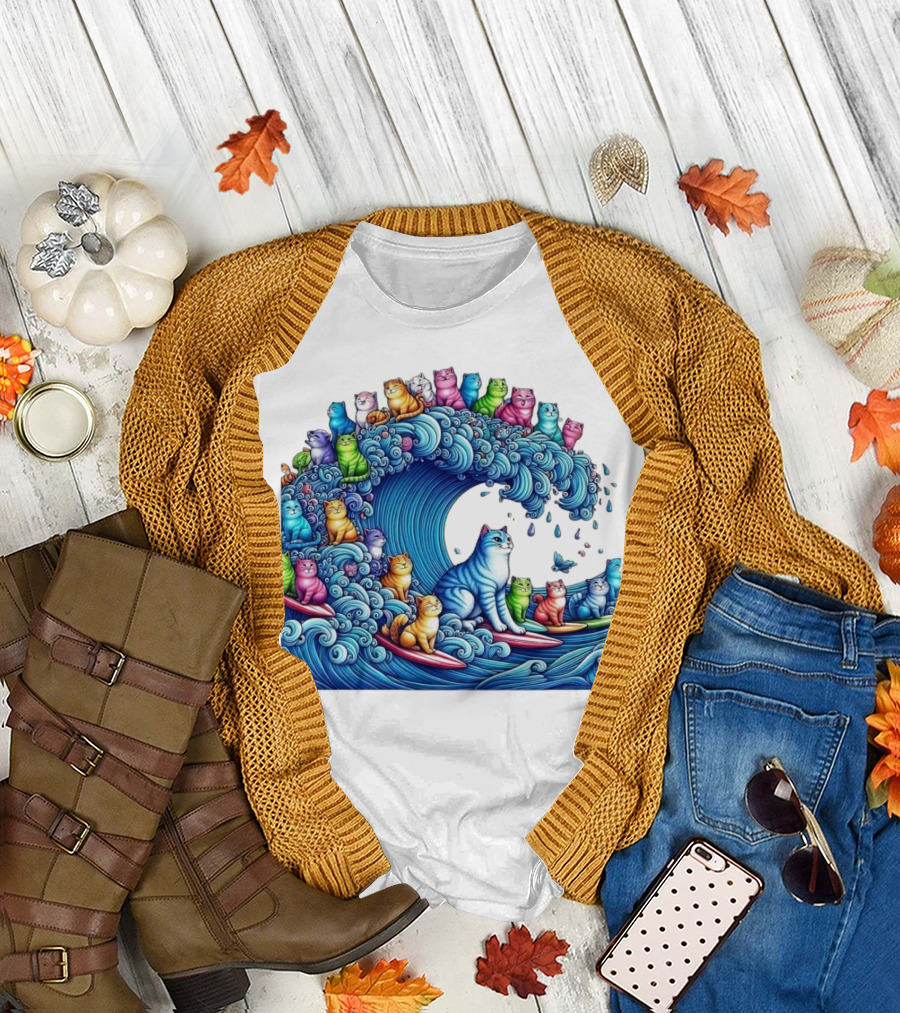 Cats Surfing in a Colorful Wave Bringing Joy T-Shirt